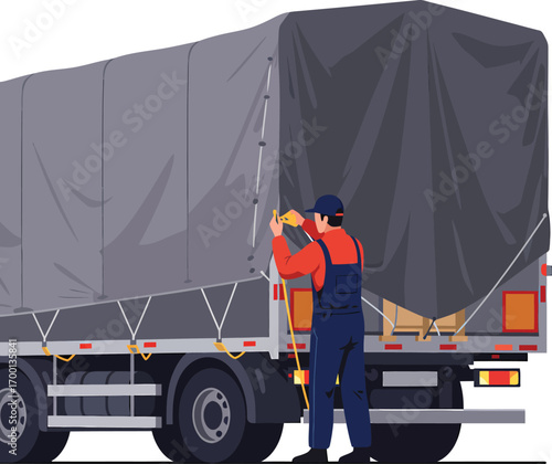 Trucker Securing Cargo with Tarpaulin and Straps.