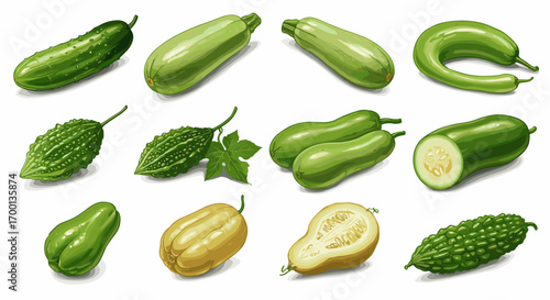 Assortment of Fresh Green Vegetables and Fruits Isolated on White Background