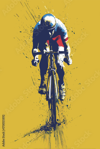 A cyclist is captured in full intensity, pedaling furiously against a bright yellow backdrop, embodying motion and determination. The design emphasizes speed and athleticism.