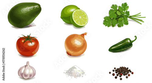 Fresh Guacamole Ingredients Including Avocado Tomato Onion Cilantro Lime Garlic Jalapeno Salt And Pepper Isolated On White Background