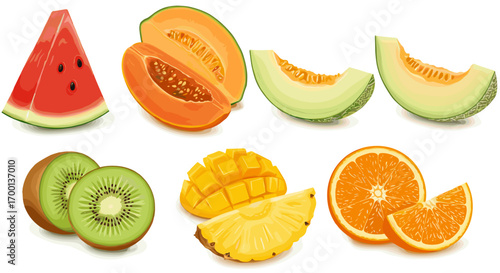 Assortment of Fresh Ripe Tropical Fruits and Melons Isolated on White Background for Healthy Diet