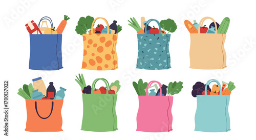 Colorful shopping bags filled with fresh produce and groceries creating a vibrant and healthy food collection
