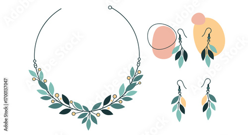 Elegant nature inspired leaf design jewelry set featuring a necklace and earrings with subtle embellishments