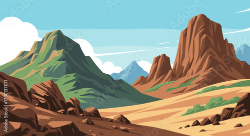 Vast desert landscape with towering rock formations under a clear blue sky