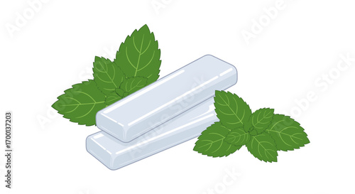 Refreshing mint flavored chewing gum sticks with green mint leaves illustration