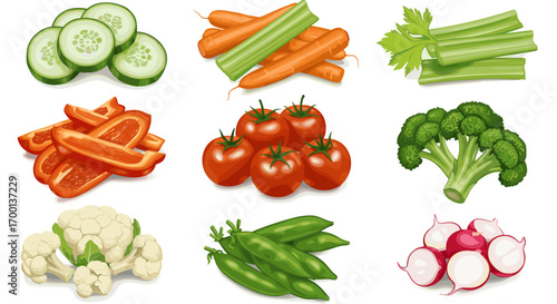 Fresh Healthy Vegetables Collection Isolated on White Background for Cooking and Dieting