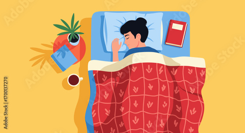 Simple illustration of a person sleeping peacefully in bed with a red blanket and pillow
