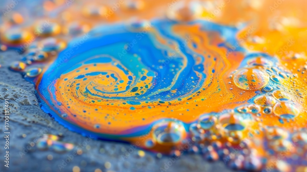 Obraz premium Macro photography of vibrant liquid swirls with soap bubble reflections and iridescent colors
