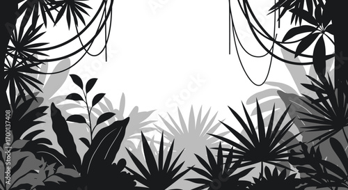 Dense tropical rainforest jungle canopy with hanging vines and silhouetted leaves bordering a bright open sky