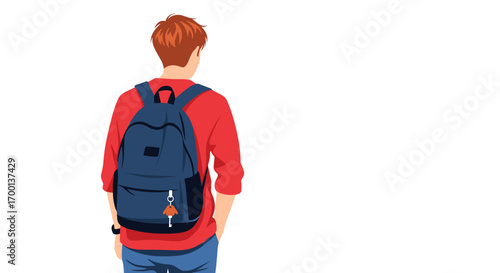 Young man wearing a red shirt and blue jeans with a backpack on his back standing with his back to the viewer