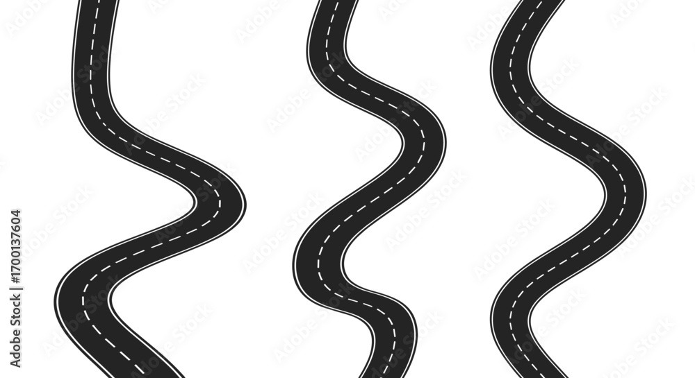 Fototapeta premium Abstract winding roads in a row with white dashed lines on black surface