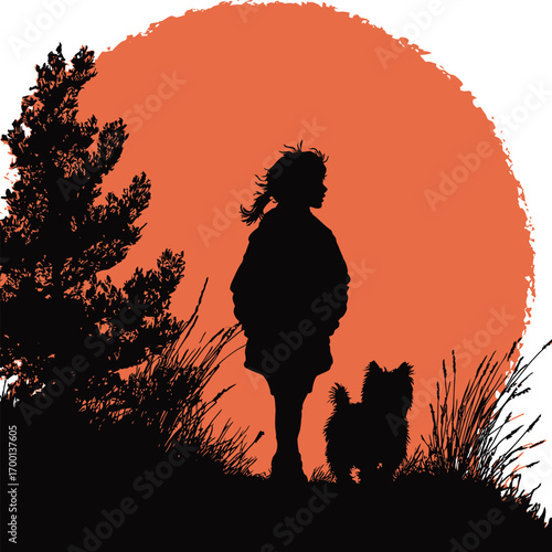 Backlit by a bright orange sunset, a child and a small dog stand together in a grassy area, enjoying a peaceful moment outside.
