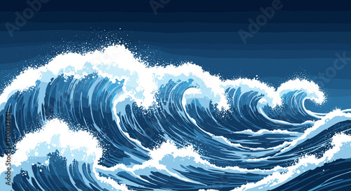 Majestic ocean waves crashing under a deep blue sky