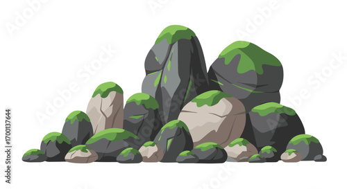 A collection of moss covered rocks and stones resting naturally on a white background creating a serene natural scene