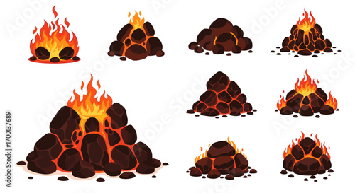 Collection of glowing embers and hot rocks ignited with vibrant fiery flames displayed in diverse configurations
