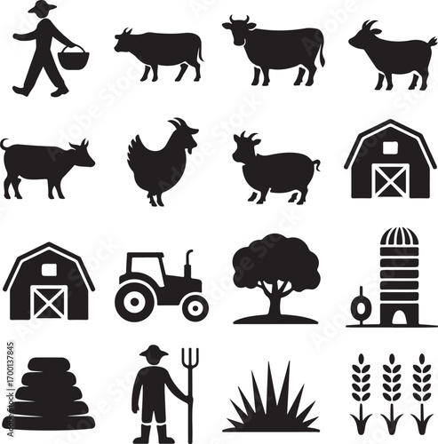 Farm Animals Barn Tractor Tree Silo Farmer Wheat Icons walking carrying