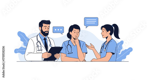 Medical professionals collaborating discussing patient care information during a meeting with speech bubbles indicating conversation