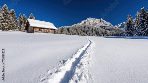 Wallpaper Mural A serene winter landscape features a cozy wooden cabin surrounded by snow-covered trees and pristine white snow, This image is perfect for winter tourism, travel brochures, or seasonal promotions, Torontodigital.ca