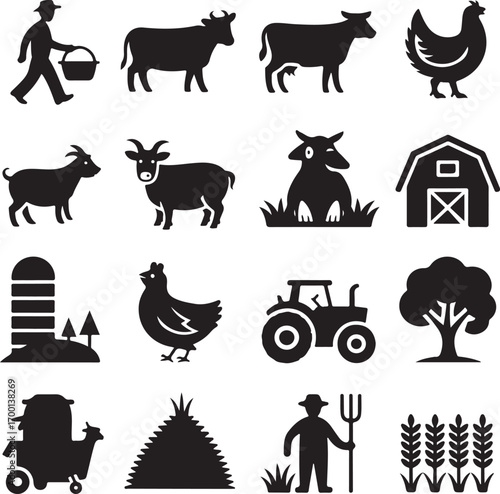 Farmer Cow Goat Chicken Barn Tractor Tree Wheat Icons walking carrying
