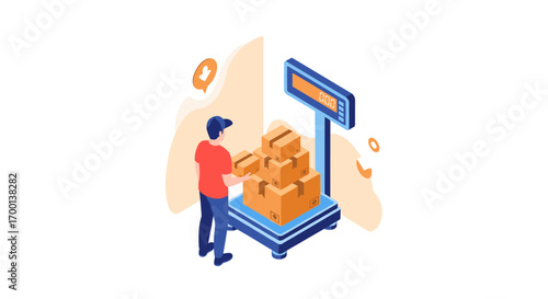 Logistics worker weighing package boxes on industrial digital scale for shipping and delivery services