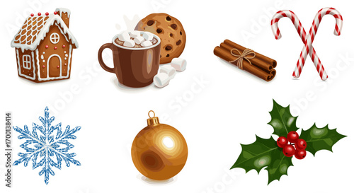 Christmas Icons Set Gingerbread House Hot Chocolate Cookie Cinnamon Sticks Candy Canes Snowflake Ornament Holly