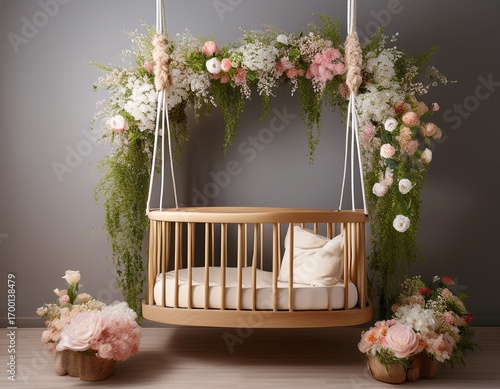 wooden swing bed decorated with flowers hangs in front newborn digital backdrop