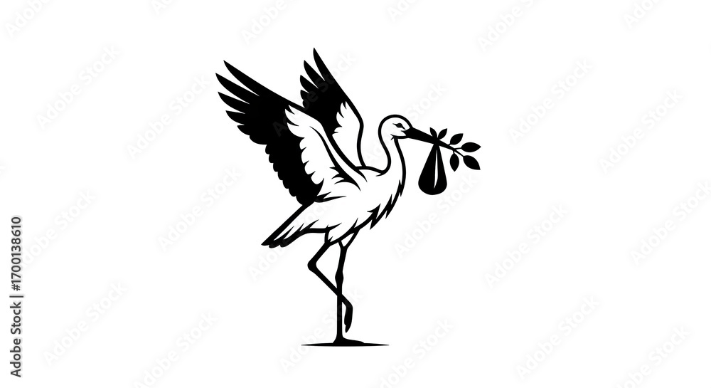 Fototapeta premium Stork carrying baby bundle silhouette graphic design