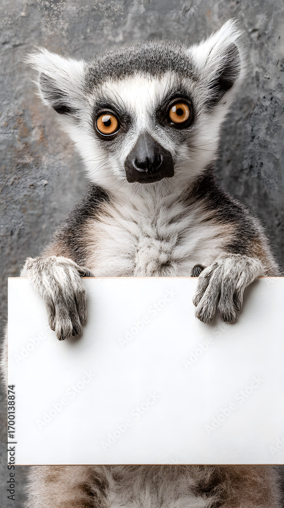 Obraz premium Serious lemur with striking eyes holding a large blank sign