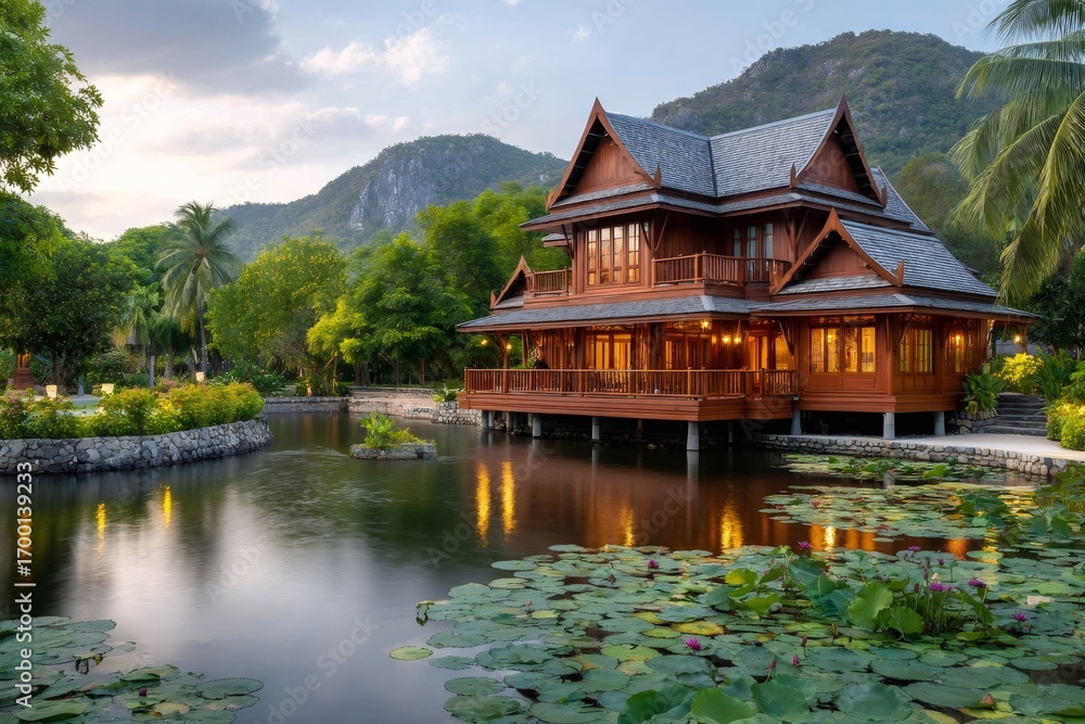 Fototapeta premium Luxurious wooden villa reflecting on a tranquil pond in thailand at sunset