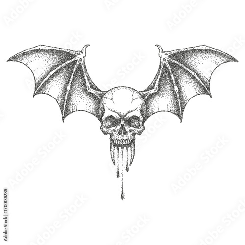 Skull with bat wings in stipple halftone style. Gothic tattoo horror vector illustration.