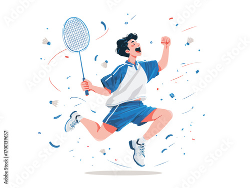 A young male badminton player jumps in excitement after winning a match. He holds a racket high, surrounded by colorful confetti, displaying pure joy and energy.