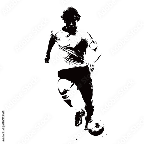A skilled soccer player dribbles the ball while sprinting on the field. The athlete wears a simple jersey and focuses intently on the game.