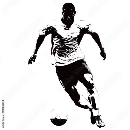 A skilled soccer player is captured in motion as he skillfully dribbles a ball across a plain backdrop, emphasizing his athletic form and agility.