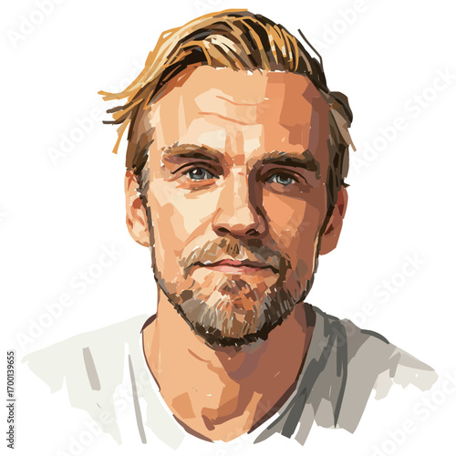 A young man with blonde hair and a light beard presents a calm smile, wearing a simple white shirt. The illustration captures a friendly and approachable demeanor.