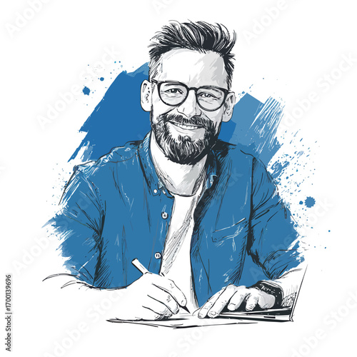 A man with a beard and glasses is happily sketching in a notebook while wearing a blue shirt. He is focused and appears to be enjoying the creative process.