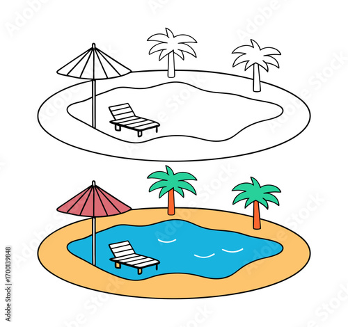 Cartoon tropical poolside oasis with palm trees and lounge chair