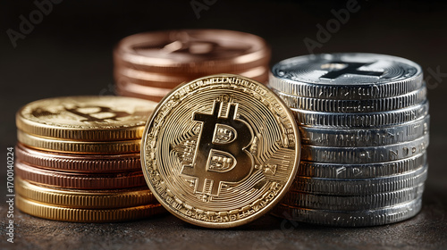 Stacks of Bitcoin Litecoin and other crypto coins to illustrate finance AI Generated