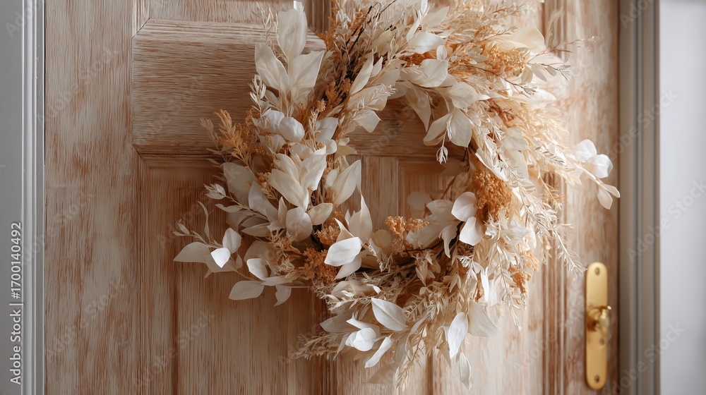 Obraz premium Elegant dried floral wreath adorns wooden door for a warm welcome