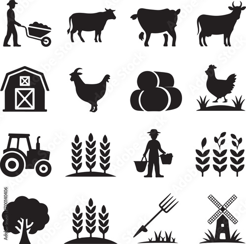 Farm Icons Silhouette Collection With Farmer Tractor Animals And Crops agriculture barn