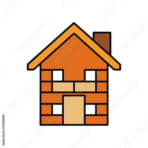 Simple brick house icon with orange roof and chimney