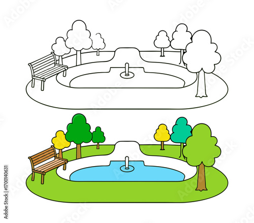 Park scene with fountain bench and trees in color and outline