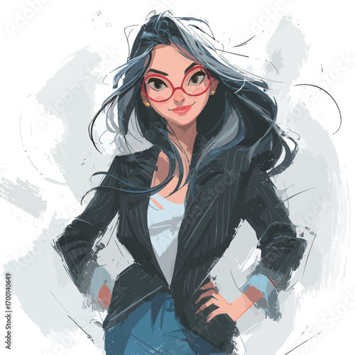 A confident businesswoman stands with hands on hips, exuding professionalism. She features long grey hair and glasses, dressed in a chic blazer and casual top.