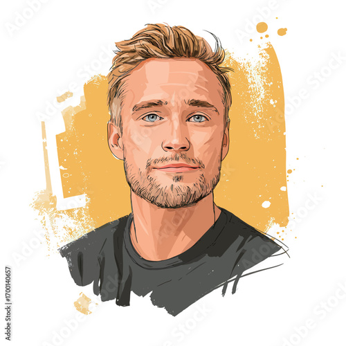 A young man poses for a stylized portrait, showcasing his tousled blonde hair and bright blue eyes. The vibrant background adds a creative touch to the composition.
