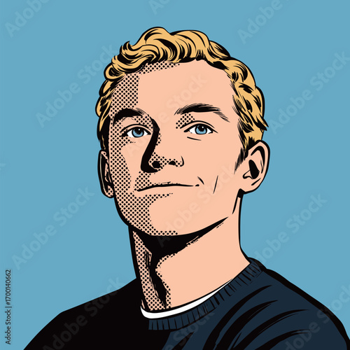 A confident young man with blond hair and a slight smile gazes forward, set against a vibrant blue background in a pop art style that emphasizes his features.