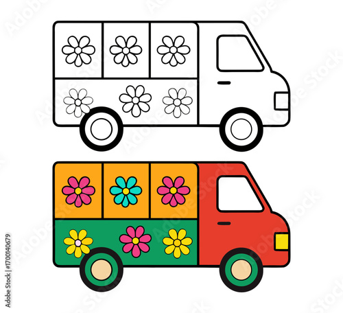 Retro flower power van with colorful floral designs