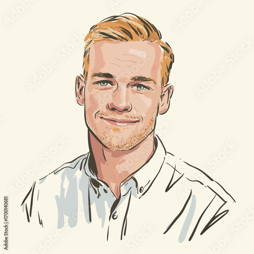 A young man with blonde hair and a friendly smile poses confidently while wearing a light-colored shirt. The background is neutral, enhancing his approachable demeanor.