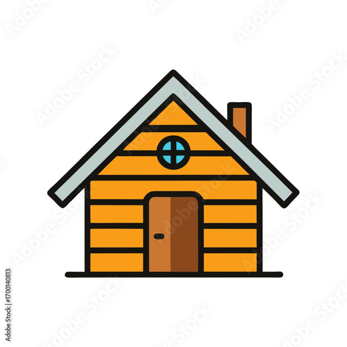 Simple wooden cabin icon with round window and chimney