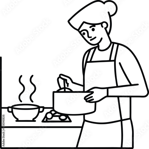 minimalist outline of a person cooking at home.
