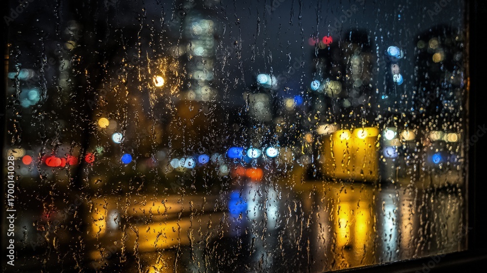 Obraz premium Rainy Night City View From Window