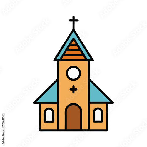 Simple stylized church building icon with cross and clock